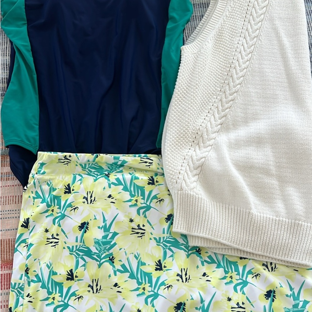Floral Skirt with NWT color block Swimsuit and ModCloth Sweater Vest